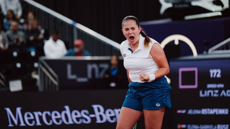 TENNIS - WTA, Tennis Damen Upper Austria Ladies Linz LINZ,AUSTRIA,10.APR.26 - TENNIS - WTA Tour, Upper Austria Ladies Linz. Image shows the rejoicing of Jelena Ostapenko (LAT).  GEPAxpictures xAlexanderxSolc