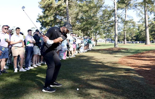 Golf 2026 Masters Tournament - Round 2 Jon Rahm of Spain hits a shot off the fairway on Hole 1 in Round 2 of the 2026 Masters tournament in August, Georgia, USA, 10 April 2026. Augusta United States  Copyright: xERIKxS.xLESSERx