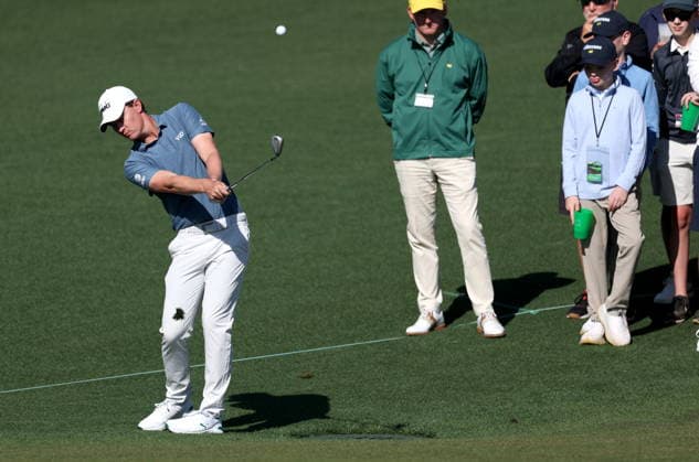 Golf 2026 Masters Tournament - Round 2 Maverick McNealy of the USA plays a shot from just off the fairway on Hole 2 in Round 2 of the 2026 Masters tournament in August, Georgia, USA, 10 April 2026. Augusta United States  Copyright: xCHRISxTORRESx