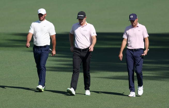 Golf 2026 Masters Tournament - Round 2 (from L) Brooks Koepka of the USA, Justin Rose of England and Jordan Spieth of the USA walk down the fairway on Hole 2 in Round 2 of the 2026 Masters tournament in August, Georgia, USA, 10 April 2026. Augusta United States  Copyright: xCHRISxTORRESx