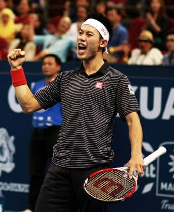 Sep 28, 2014 - Kuala Lumpur, Malaysia - KEI NISHIKORI of Japan celebrates after he wins the men s singles final match against J. Benneteau of France during their match at the Malaysian Open tennis tournament in Kuala Lumpur, Malaysia, Sunday. Copyright: xHafizxSohaimix