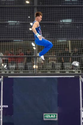 DOBRO FIG Apparatus World Cup Osijek 2026 Qualifications Valgard Reinhardsson of Iceland performs on the high bar during the DOBRO FIG Apparatus World Cup Osijek 2026 Qualifications at Sports Hall Gradski vrt on April 10, 2026. in Osijek, Croatia.  DavorxJavorovic PIXSELL