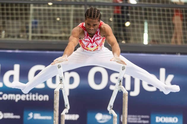 DOBRO FIG Apparatus World Cup Osijek 2026 Qualifications Thierno Diallo of Spain performs on the parallel bars during the DOBRO FIG Apparatus World Cup Osijek 2026 Qualifications at Sports Hall Gradski vrt on April 10, 2026. in Osijek, Croatia.  DavorxJavorovic PIXSELL