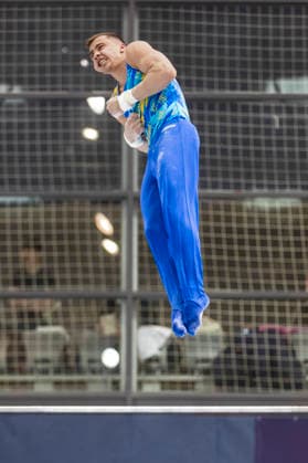 DOBRO FIG Apparatus World Cup Osijek 2026 Qualifications Milad Karimi of Kazakhstan performs on the high bar during the DOBRO FIG Apparatus World Cup Osijek 2026 Qualifications at Sports Hall Gradski vrt on April 10, 2026. in Osijek, Croatia.  DavorxJavorovic PIXSELL