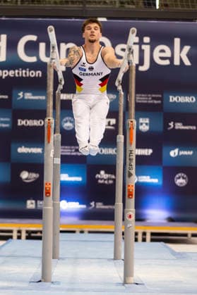 DOBRO FIG Apparatus World Cup Osijek 2026 Qualifications Pascal Brendel of Germany performs on the parallel bars during the DOBRO FIG Apparatus World Cup Osijek 2026 Qualifications at Sports Hall Gradski vrt on April 10, 2026. in Osijek, Croatia.  DavorxJavorovic PIXSELL