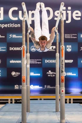 DOBRO FIG Apparatus World Cup Osijek 2026 Qualifications Pascal Brendel of Germany performs on the parallel bars during the DOBRO FIG Apparatus World Cup Osijek 2026 Qualifications at Sports Hall Gradski vrt on April 10, 2026. in Osijek, Croatia.  DavorxJavorovic PIXSELL