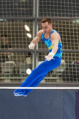 DOBRO FIG Apparatus World Cup Osijek 2026 Qualifications Milad Karimi of Kazakhstan performs on the high bar during the DOBRO FIG Apparatus World Cup Osijek 2026 Qualifications at Sports Hall Gradski vrt on April 10, 2026. in Osijek, Croatia.  DavorxJavorovic PIXSELL