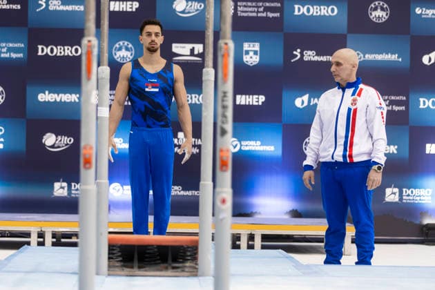 DOBRO FIG Apparatus World Cup Osijek 2026 Qualifications Petar Vefic of Serbia performs on the parallel bars during the DOBRO FIG Apparatus World Cup Osijek 2026 Qualifications at Sports Hall Gradski vrt on April 10, 2026. in Osijek, Croatia.  DavorxJavorovic PIXSELL