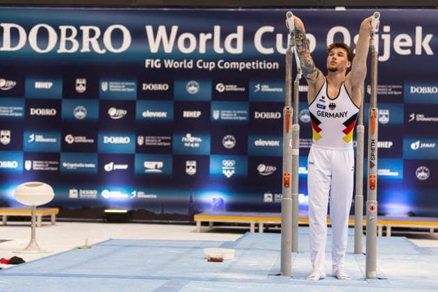 DOBRO FIG Apparatus World Cup Osijek 2026 Qualifications Pascal Brendel of Germany performs on the parallel bars during the DOBRO FIG Apparatus World Cup Osijek 2026 Qualifications at Sports Hall Gradski vrt on April 10, 2026. in Osijek, Croatia.  DavorxJavorovic PIXSELL