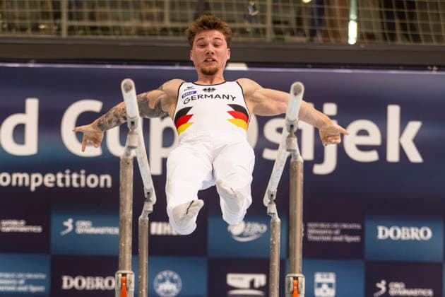 DOBRO FIG Apparatus World Cup Osijek 2026 Qualifications Pascal Brendel of Germany performs on the parallel bars during the DOBRO FIG Apparatus World Cup Osijek 2026 Qualifications at Sports Hall Gradski vrt on April 10, 2026. in Osijek, Croatia.  DavorxJavorovic PIXSELL
