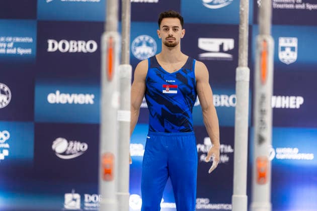 DOBRO FIG Apparatus World Cup Osijek 2026 Qualifications Petar Vefic of Serbia performs on the parallel bars during the DOBRO FIG Apparatus World Cup Osijek 2026 Qualifications at Sports Hall Gradski vrt on April 10, 2026. in Osijek, Croatia.  DavorxJavorovic PIXSELL