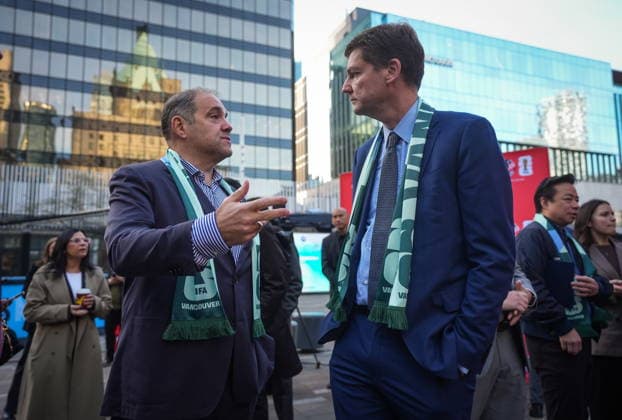 April 10, 2026, Vancouver, Bc, CANADA: FIFA vice president and CONCACAF president Victor Montagliani, left, and B.C. Premier David Eby talk during the launch of the FIFA World Cup, WM, Weltmeisterschaft, Fussball trophy tour, in Vancouver, on Friday, April 10, 2026. Canada News - April 10, 2026  - ZUMAc35_ 20260410_zaf_c35_023 Copyright: xDarrylxDyckx