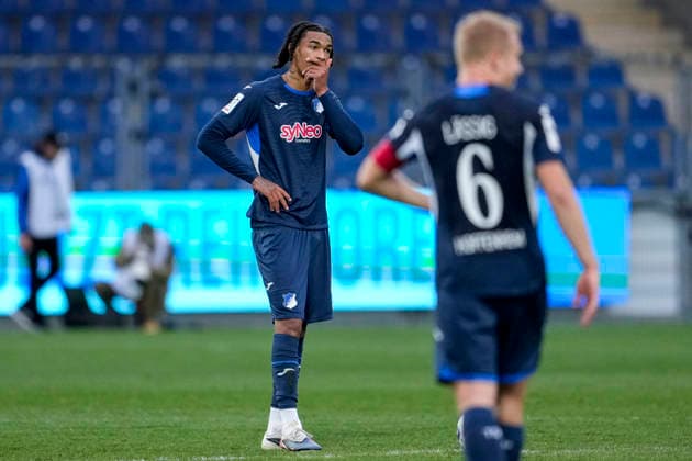 v.li.: Yannick Eduardo (TSG II, 31), Valentin Lässig (TSG II, 6), Spieler der TSG 1899 Hoffenheim II (U23), enttäuscht schauend, Enttäuschung, Frustration, disappointed, pessimistisch, nach dem Gegentor zum 0:1, Action, Aktion, Spielszene, 10.04.2026, Sinsheim (Deutschland), Fussball, 3. Liga, TSG 1899 Hoffenheim II - 1. FC Schweinfurt 05, DFB DFL REGULATIONS PROHIBIT ANY USE OF PHOTOGRAPHS AS IMAGE SEQUENCES AND OR QUASI-VIDEO. *** from left Yannick Eduardo TSG II, 31 , Valentin Lässig TSG II, 6 , player of TSG 1899 Hoffenheim II U23 , looking disappointed, disappointment, frustration, disappointed, pessimistic, after the goal conceded to 0 1, Action, Action, Game scene, 10 04 2026, Sinsheim Germany , Soccer, 3 Liga, TSG 1899 Hoffenheim II 1 FC Schweinfurt 05, DFB DFL REGULATIONS PROHIBIT ANY USE OF PHOTOGRAPHS AS IMAGE SEQUENCES AND OR QUASI VIDEO xozx