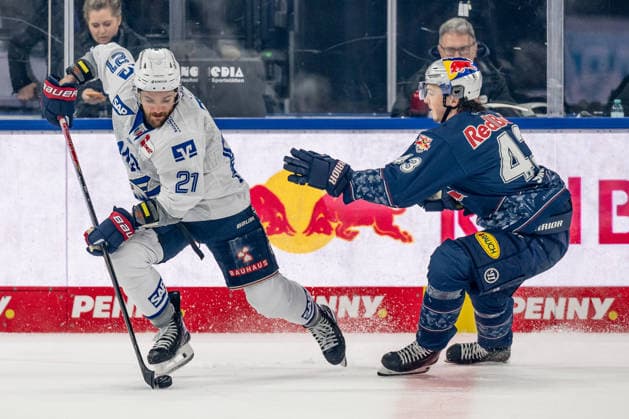 Kampf um den Puck Zweikampf zwischen Kris Bennett (Adler Mannheim, 21) und Phillip Sinn (EHC Red Bull Muenchen, 43) GER, EHC Red Bull Muenchen vs. Adler Mannheim, Eishockey, DEL, Playoffs, Halbfinale Spiel 2, Saison 2025 2026, 10.04.2026. GER, EHC Red Bull Muenchen vs. Adler Mannheim, Eishockey, DEL, Playoffs, Halbfinale Spiel 2, Saison 2025 2026, 10.04.2026. Muenchen *** Battle for the puck duel between Kris Bennett Adler Mannheim, 21 and Phillip Sinn EHC Red Bull Muenchen, 43 GER, EHC Red Bull Muenchen vs Adler Mannheim, ice hockey, DEL, playoffs, semi-final game 2, 2025 2026 season, 10 04 2026 GER, EHC Red Bull Muenchen vs Adler Mannheim, ice hockey, DEL, playoffs, semi-final game 2, 2025 2026 season, 10 04 2026 Muenchen Copyright: xEibner-Pressefoto HeikexFeinerx EP_HFR