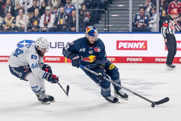 Kampf um den Puck Zweikampf zwischen Anthony Greco (Adler Mannheim, 44) und Yasin Ehliz (EHC Red Bull Muenchen, 42) GER, EHC Red Bull Muenchen vs. Adler Mannheim, Eishockey, DEL, Playoffs, Halbfinale Spiel 2, Saison 2025 2026, 10.04.2026. GER, EHC Red Bull Muenchen vs. Adler Mannheim, Eishockey, DEL, Playoffs, Halbfinale Spiel 2, Saison 2025 2026, 10.04.2026. Muenchen *** Battle for the puck duel between Anthony Greco Adler Mannheim, 44 and Yasin Ehliz EHC Red Bull Muenchen, 42 GER, EHC Red Bull Muenchen vs Adler Mannheim, ice hockey, DEL, playoffs, semi-final game 2, 2025 2026 season, 10 04 2026 GER, EHC Red Bull Muenchen vs Adler Mannheim, ice hockey, DEL, playoffs, semi-final game 2, 2025 2026 season, 10 04 2026 Muenchen Copyright: xEibner-Pressefoto HeikexFeinerx EP_HFR