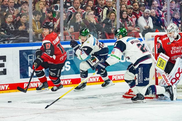 Eishockey Penny-DEL Playoff-Halbfinale Spiel2 Kölner Haie - Eisbären Berlin am 10.04.2026 in der Lanxess Arena in Köln Jan Luca Sennhenn ( Köln ), links - Eric Hördler ( Berlin ), mitte - Manuel Wiederer ( Berlin ), rechts Gemäß den Vorgaben der DEL Deutsche Eishockey Liga ist die Publikation und Weiterverwertung der Aufnahmen in elektronischen Medien und Endgeräten aller Art während des laufenden Spiels nicht zulässig. *** Ice Hockey Penny DEL Playoff Semifinal Game2 Kölner Haie Eisbären Berlin on 10 04 2026 at the Lanxess Arena in Cologne Jan Luca Sennhenn Cologne , left Eric Hördler Berlin , center Manuel Wiederer Berlin , right According to the regulations of the DEL German Ice Hockey League, the publication and further use of the recordings in electronic media and end devices of all kinds during the ongoing game is not permitted xDMx
