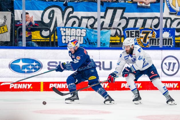 Penny DEL Playoff Halbfinale Spiel 2: Red Bull München - Adler Mannheim; 10.04.2026 Im Zweikampf um den Puck Adam Brooks (Red Bull München, 77) und Anthony Greco (Adler Mannheim,44), Halbfinale Spiel 2 Penny DEL Saison 25 26 Red Bull München gegen die Adler Mannheim am 10.03.2026 im SAP Garden in München *** Penny DEL Playoff Semifinal Game 2 Red Bull Munich Adler Mannheim 10 04 2026 In the duel for the puck Adam Brooks Red Bull Munich, 77 and Anthony Greco Adler Mannheim,44 , Semifinal Game 2 Penny DEL Season 25 26 Red Bull Munich against Adler Mannheim on 10 03 2026 at SAP Garden in Munich Copyright: xBEAUTIFULxSPORTS Eimertenbrinkx