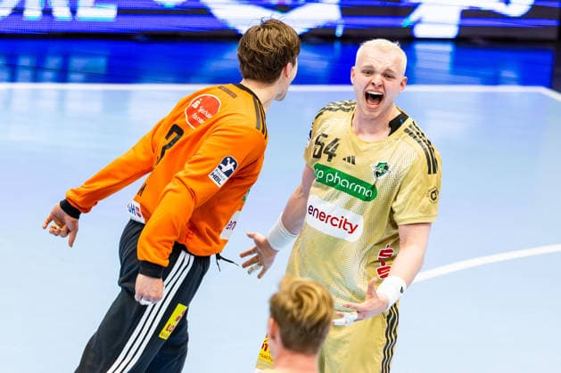 10.04.2026, GER, Handball, Maenner, Saison 25 26, Daikin 1.Bl, 28.Spieltag, ThSV Eisenach - TSV Hannover-Burgdorf Joel Birlehm (TSV Hannover-Burgdorf), Justus Fischer (TSV Hannover-Burgdorf) 99817 Eisenach Werner-Assmann-Halle Am Sportp Thueringen Deutschland