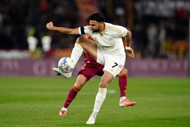 Mehdi Leris (Pisa SC) and Mario Hermoso (AS Roma) battle for the ball, , AS Roma v Pisa SC, Olimpico Stadium, April 10, 2026, Roma, Italy.