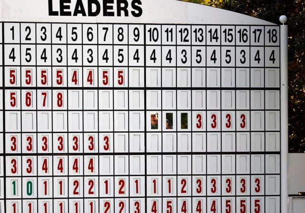 Scorekeepers change the leaderboard during the second day of the Masters Tournament at Augusta National Golf Club on Friday, April 10, 2026, in Augusta, Georgia.  AUG20260410823 JOHNxANGELILLO