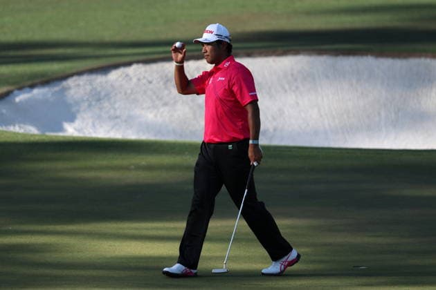 Golf 2026 Masters Tournament - Round 2 Hideki Matsuyama of Japan gestures after a birdie putt on the 15th hole during Round 2 of the 2026 Masters tournament in August, Georgia, USA, 10 April 2026. Augusta United States  Copyright: xCHRISxTORRESx