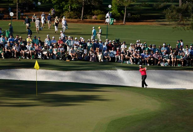Hideki Matsuyama of Japan hits out of a bunker on the 15th green during the second day of the Masters Tournament at Augusta National Golf Club on Friday, April 10, 2026, in Augusta, Georgia.  AUG20260410852 JOHNxANGELILLO