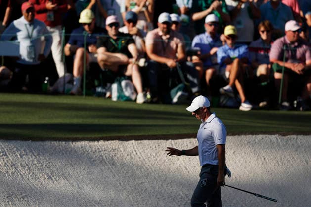 Rory McIlroy of Northern Ireland walks up to the 15th green during the second day of the Masters Tournament at Augusta National Golf Club on Friday, April 10, 2026, in Augusta, Georgia.  AUG20260410854 JOHNxANGELILLO