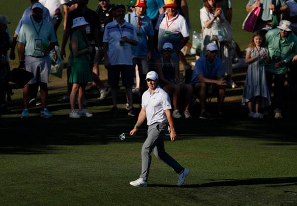 Rory McIlroy of Northern Ireland walks up to the 15th green during the second day of the Masters Tournament at Augusta National Golf Club on Friday, April 10, 2026, in Augusta, Georgia.  AUG20260410855 JOHNxANGELILLO