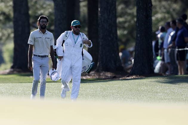 Golf 2026 Masters Tournament - Round 2 Akshay Bhatia of USA (L) and caddie Joe Greiner walk to the 17th hole during Round 2 of the 2026 Masters tournament in August, Georgia, USA, 10 April 2026. Augusta United States  Copyright: xERIKxS.xLESSERx
