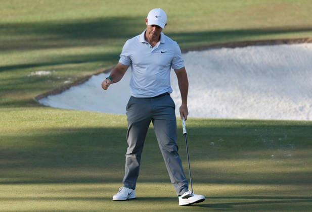 Rory McIlroy of Northern Ireland reacts after sinking a birdie putt on the 15th hole during the second day of the Masters Tournament at Augusta National Golf Club on Friday, April 10, 2026, in Augusta, Georgia.  AUG20260410857 JOHNxANGELILLO