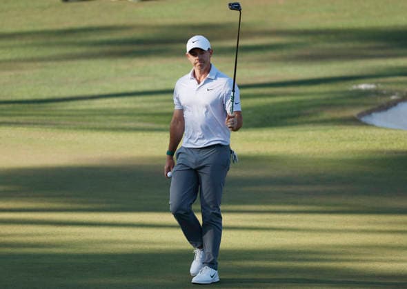Rory McIlroy of Northern Ireland reacts after sinking a birdie putt on the 15th hole during the second day of the Masters Tournament at Augusta National Golf Club on Friday, April 10, 2026, in Augusta, Georgia.  AUG20260410858 JOHNxANGELILLO