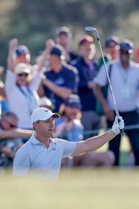 Golf 2026 Masters Tournament - Round 2 Rory McIlroy of Northern Ireland reacts after making a chip shot for a birdie on the 17th hole during the round 2 of the 2026 Masters Tournament at the Augusta National Golf Club in Augusta, Georgia, USA, 10 April 2026. Augusta GEORGIA United States  Copyright: xERIKxS.xLESSERx