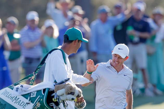 Golf 2026 Masters Tournament - Round 2 Rory McIlroy (R) of Northern Ireland reacts with his caddie Harry Diamond (L) after making a chip shot for a birdie on the 17th hole during the round 2 of the 2026 Masters Tournament at the Augusta National Golf Club in Augusta, Georgia, USA, 10 April 2026. Augusta GEORGIA United States  Copyright: xERIKxS.xLESSERx