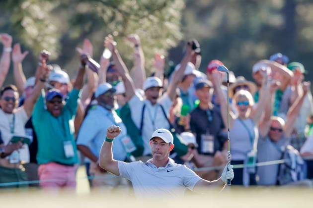 Golf 2026 Masters Tournament - Round 2 Rory McIlroy of Northern Ireland reacts after making a chip shot for a birdie on the 17th hole during the round 2 of the 2026 Masters Tournament at the Augusta National Golf Club in Augusta, Georgia, USA, 10 April 2026. Augusta GEORGIA United States  Copyright: xERIKxS.xLESSERx