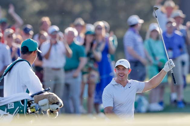 Golf 2026 Masters Tournament - Round 2 Rory McIlroy (R) of Northern Ireland reacts with his caddie Harry Diamond (L) after making a chip shot for a birdie on the 17th hole during the round 2 of the 2026 Masters Tournament at the Augusta National Golf Club in Augusta, Georgia, USA, 10 April 2026. Augusta GEORGIA United States  Copyright: xERIKxS.xLESSERx