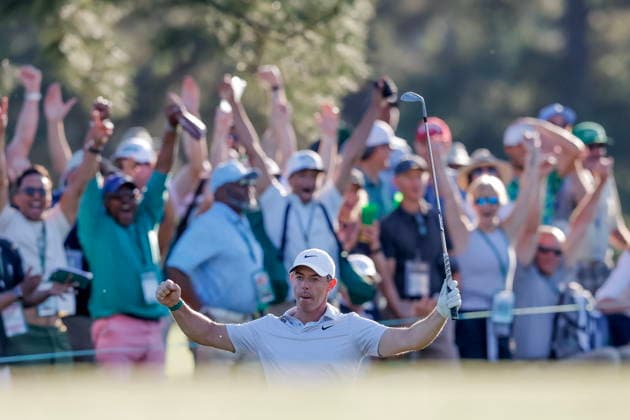 Golf 2026 Masters Tournament - Round 2 Rory McIlroy of Northern Ireland reacts after making a chip shot for a birdie on the 17th hole during the second round of the 2026 Masters Tournament at the Augusta National Golf Club in Augusta, Georgia, USA, 10 April 2026. Augusta GEORGIA United States  Copyright: xERIKxS.xLESSERx
