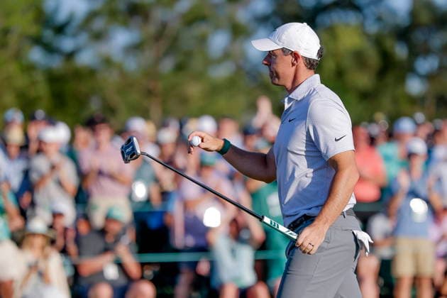 Golf 2026 Masters Tournament - Round 2 Rory McIlroy of Northern Ireland reacts after making a birdie on the 18th hole during the second round of the 2026 Masters Tournament at the Augusta National Golf Club in Augusta, Georgia, USA, 10 April 2026. Augusta GEORGIA United States  Copyright: xERIKxS.xLESSERx