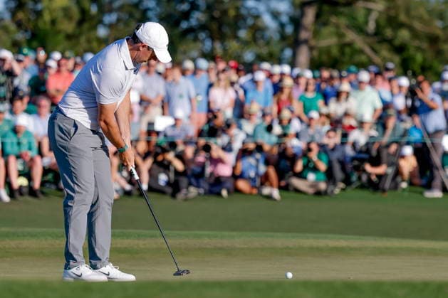 Golf 2026 Masters Tournament - Round 2 Rory McIlroy of Northern Ireland reacts after making a birdie on the 18th hole during the second round of the 2026 Masters Tournament at the Augusta National Golf Club in Augusta, Georgia, USA, 10 April 2026. Augusta GEORGIA United States  Copyright: xERIKxS.xLESSERx