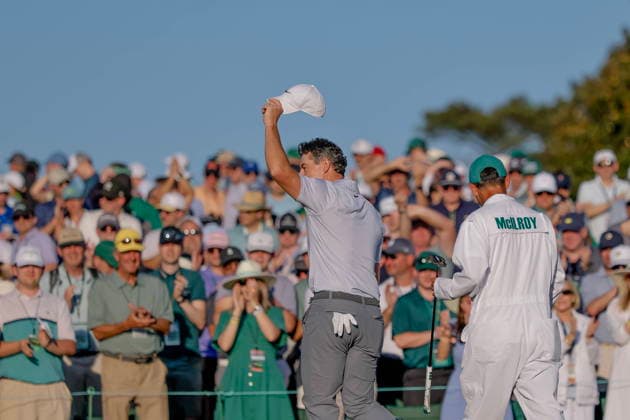 Golf 2026 Masters Tournament - Round 2 Rory McIlroy (L) of Northern Ireland walks off the green 18th hole with his caddie Harry Diamond (R) during the second round of the 2026 Masters Tournament at the Augusta National Golf Club in Augusta, Georgia, USA, 10 April 2026. Augusta GEORGIA United States  Copyright: xERIKxS.xLESSERx