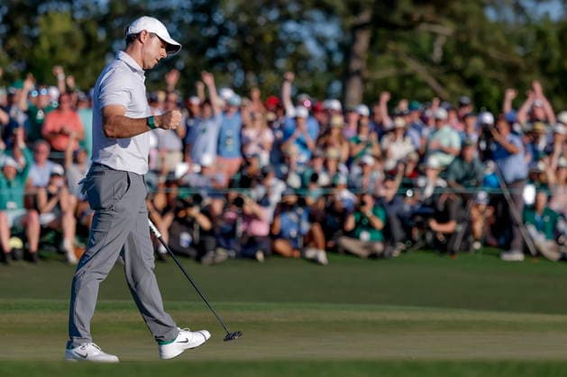 Golf 2026 Masters Tournament - Round 2 Rory McIlroy of Northern Ireland reacts after making a birdie on the 18th hole during the second round of the 2026 Masters Tournament at the Augusta National Golf Club in Augusta, Georgia, USA, 10 April 2026. Augusta GEORGIA United States  Copyright: xERIKxS.xLESSERx