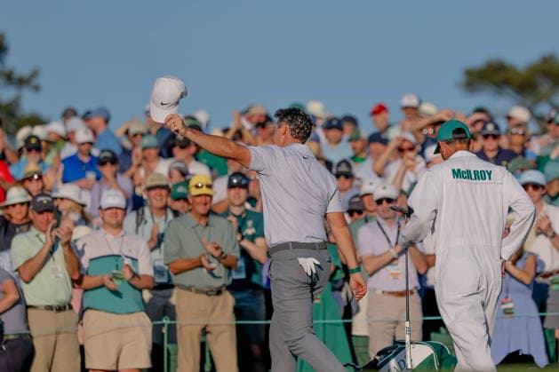 Golf 2026 Masters Tournament - Round 2 Rory McIlroy (L) of Northern Ireland walks off the green 18th hole with his caddie Harry Diamond (R) during the second round of the 2026 Masters Tournament at the Augusta National Golf Club in Augusta, Georgia, USA, 10 April 2026. Augusta GEORGIA United States  Copyright: xERIKxS.xLESSERx