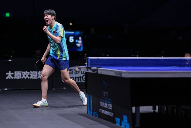 TAIYUAN, CHINA - APRIL 11: Wen Ruibo of China reacts in the Men s Singles Quarterfinal match against Hiroto Shinozuka of Japan on day 5 of WTT Contender Taiyuan 2026 at Taiyuan Binhe Sports Center on April 11, 2026 in Taiyuan, Shanxi Province of China.  Copyright: xVCGx 111634091768