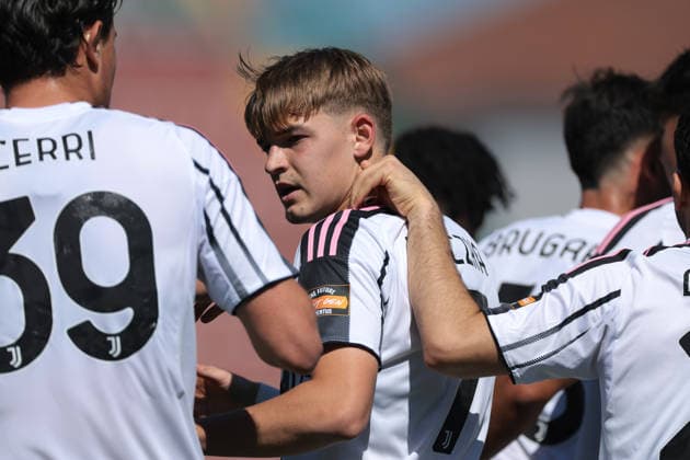 Alessandria, Italy, 8th April 2026. David Puczka of Juventus celebrates with team mates after scoring to give the side a 1-0 lead during the Juventus Next Gen vs Ternana Calcio Serie C match at Stadio Giuseppe Moccagatta, Alessandria. Picture credit should read: Jonathan Moscrop Sportimage EDITORIAL USE ONLY. No use with unauthorised audio, video, data, fixture lists, club league logos or live services. Online in-match use limited to 120 images, no video emulation. No use in betting, games or single club league player publications. SPI_101_JM_JUVENEXTGEN_TERNANA SPI-4626-0101