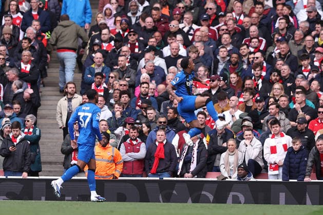 11th April 2026; Emirates Stadium, London, England; Premier League Football, Arsenal versus Bournemouth; Eli Junior Kroupi of Bournemouth celebrates his goal in the 17th minute for 0-1 KatiexChan