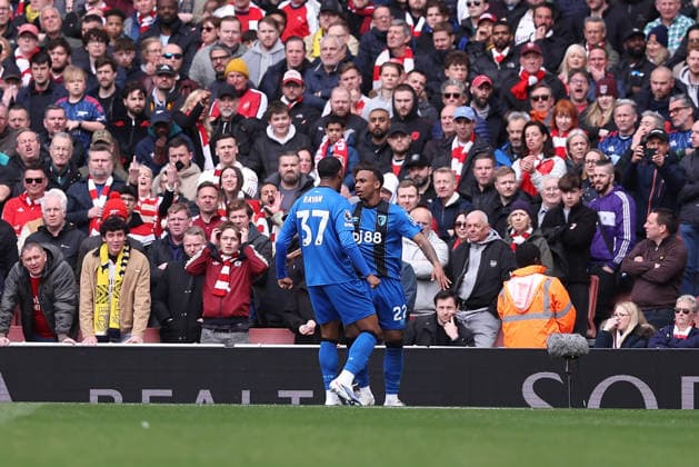 11th April 2026; Emirates Stadium, London, England; Premier League Football, Arsenal versus Bournemouth; Eli Junior Kroupi of Bournemouth celebrates his goal in the 17th minute for 0-1 KatiexChan