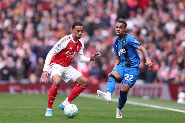 11th April 2026; Emirates Stadium, London, England; Premier League Football, Arsenal versus Bournemouth; Eli Junior Kroupi of Bournemouth passes under pressure from Gabriel of Arsenal KatiexChan