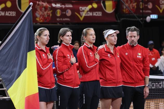 Belgium s team picture before the third game, a double game between Belgian pair Kempen Minnen and US pair McNally Melichar on the second day of the qualifiers of the Billie Jean King Cup tennis between Belgium and the USA, in Oostende, Belgium, on . The meeting takes place on 10 and 11th April. PHOTO BENOITxDOPPAGNE  x170473553x