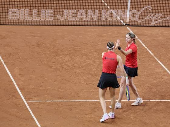 Belgian Magali Kempen and Belgian Greet Minnen pictured during the third game, a double game between Belgian pair Kempen Minnen and US pair McNally Melichar on the second day of the qualifiers of the Billie Jean King Cup tennis between Belgium and the USA, in Oostende, Belgium, on . The meeting takes place on 10 and 11th April. PHOTO BENOITxDOPPAGNE  x170473686x