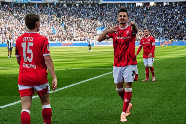 1. FC Kaiserslautern, jubelt ueber Tor zum, 1:0, von Mergim Berisha (1. FC Kaiserslautern, 20), GER, Hertha BSC vs. ,1. FC Kaiserslautern, 2. Bundesliga, Saison 2025 2026, 29. Spieltag, 11.04.2026 (DFL REGULATIONS PROHIBIT ANY USE OF PHOTOGRAPHS AS IMAGE SEQUENCES AND OR QUASI - VIDEO). GER, Hertha BSC vs. ,1. FC Kaiserslautern, 2. Bundesliga, Saison 2025 2026, 29. Spieltag, 11.04.2026 Berlin