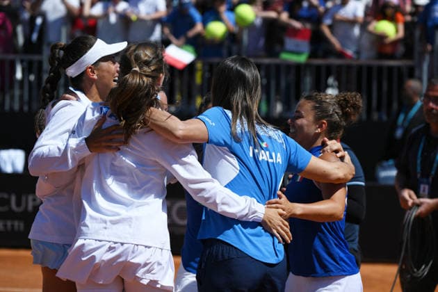 TENNIS - Internazionali di Tennis - BJK Cup Qualifiers - Italy vs Japan Sara Errani of Italy, Jasmine Paolini of Italy celebrate victory during the match of Billie Jean King Cup between Italy and Japan at the Colle deli Degli Stadium on Apr 11, 2026 in Velletri, Italy. during BJK Cup Qualifiers - Italy vs Japan, International Tennis match in Velletri, Italy, April 11 2026 Velletri Italy  Copyright: xIPAxSport ABACAx